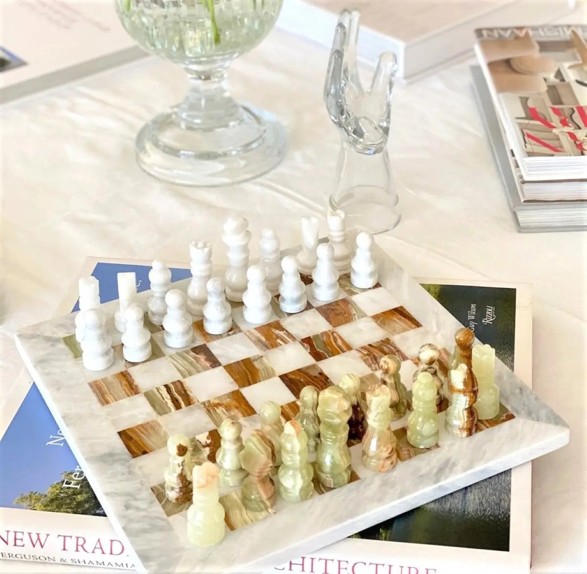 Handmade Chess Set | Marble Chess Set | Chess | Gifts for Him, Christmas Gifts, Chess in White & Green Onyx , Home Décor GOFIRE OUTLET