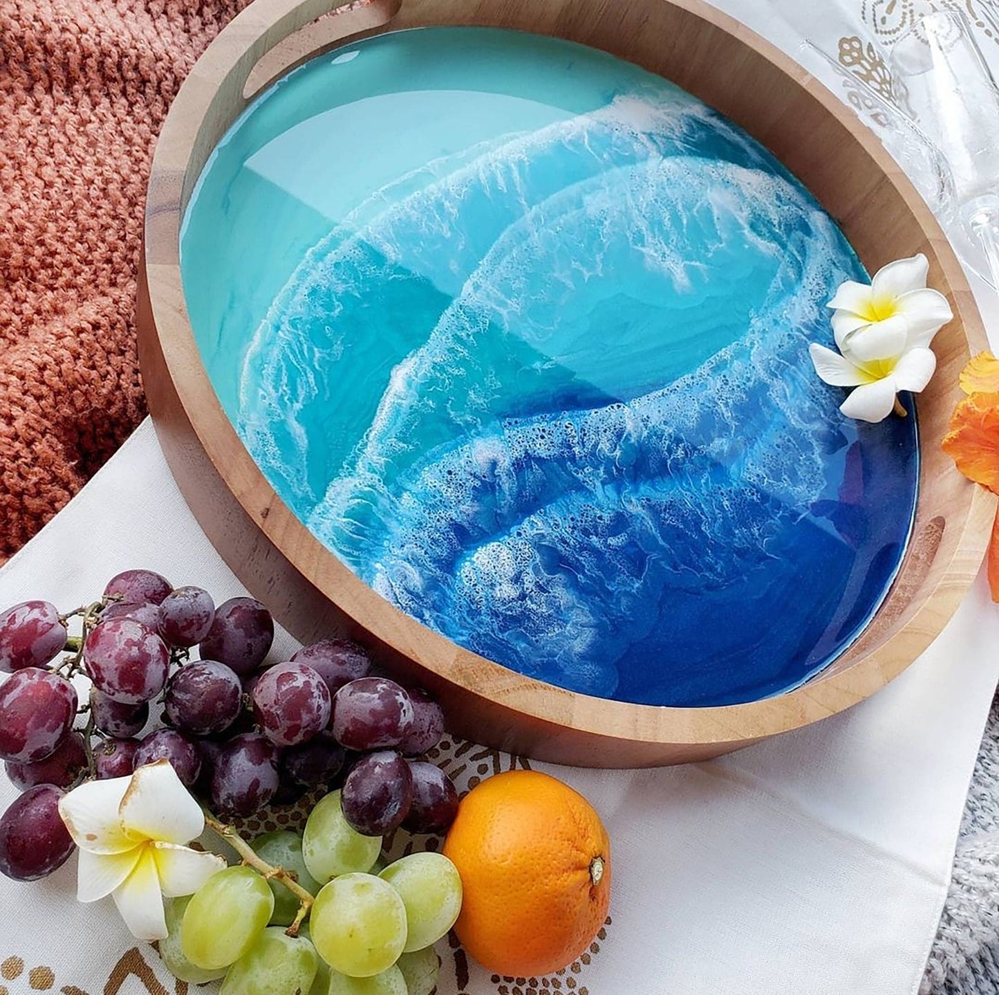 Ocean Art Resin Art Wooden Tray, Resin Ocean Art, Mango Wood Tray, Acacia Wood Tray For Gifts and Home Décor and Decoration GOFIRE OUTLET
