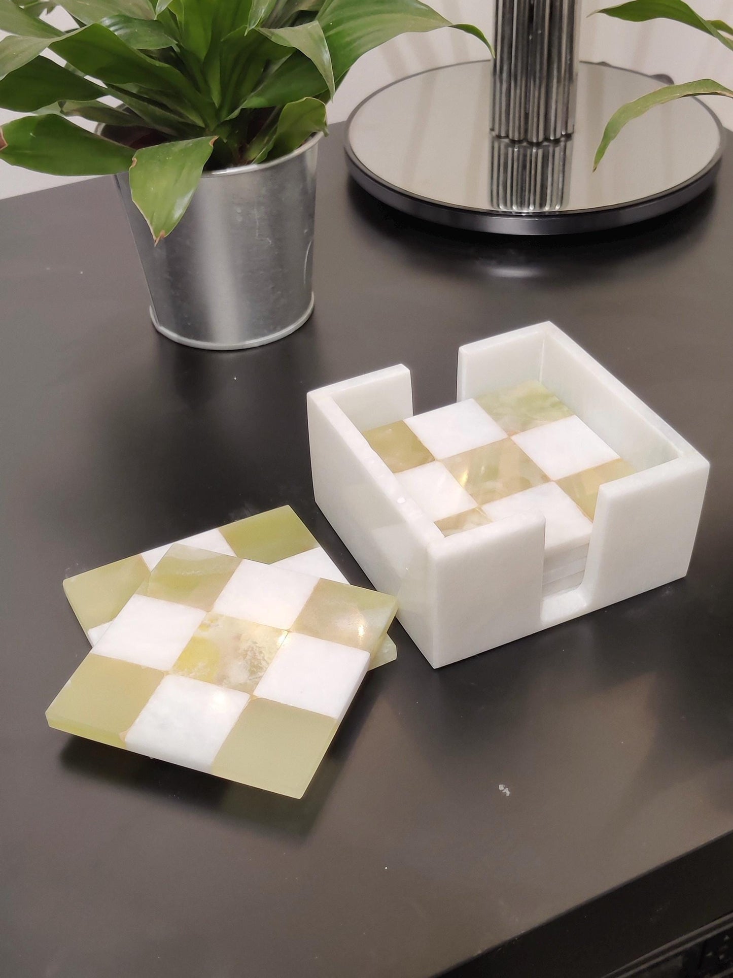 Marble Coasters | Set of 6 Marble Coasters in 2 Colours Onyx Green & White | Check Design | Home Kitchen and Dining Table Decor | Home Decor GOFIRE OUTLET
