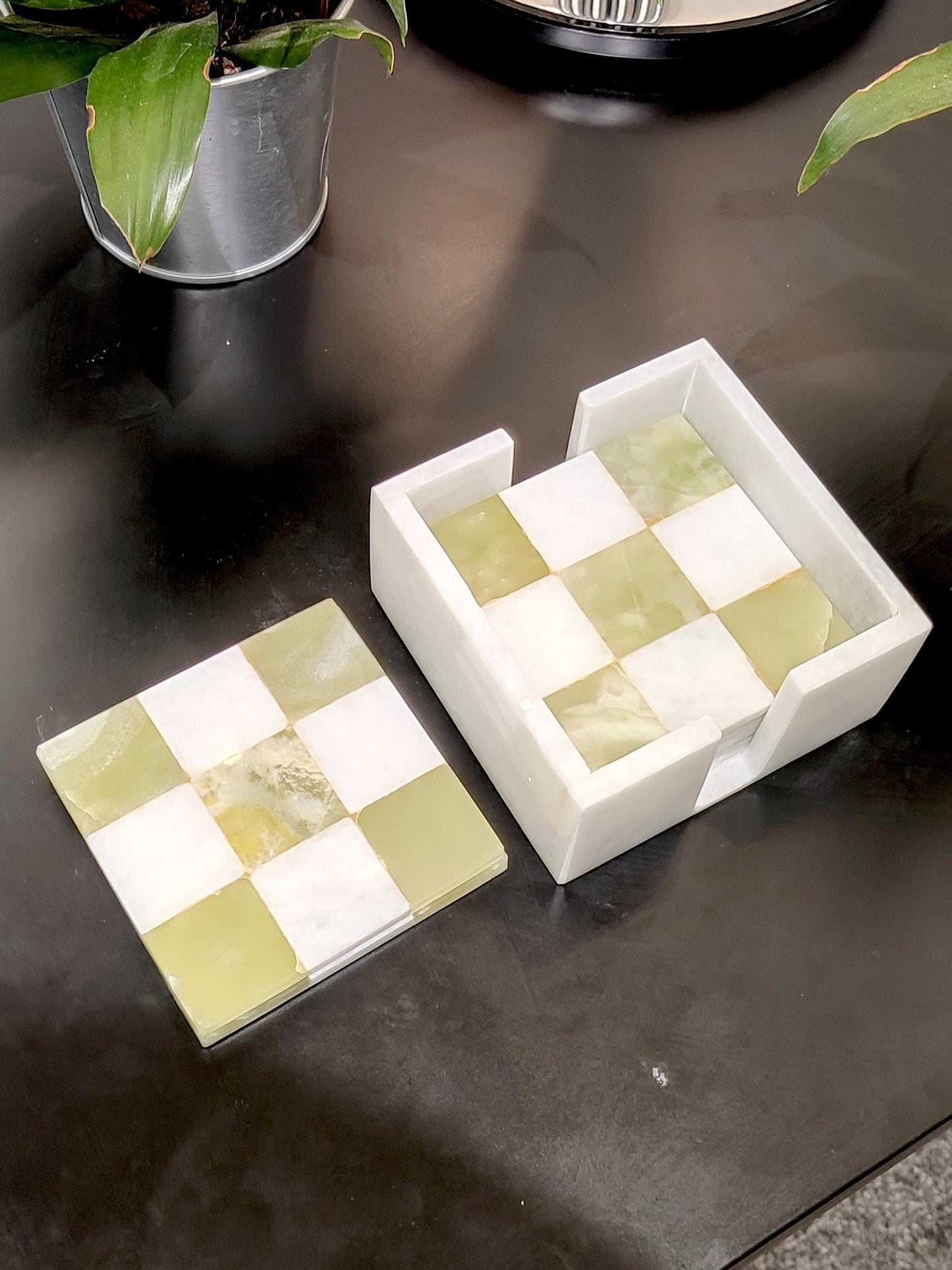 Marble Coasters | Set of 6 Marble Coasters in 2 Colours Onyx Green & White | Check Design | Home Kitchen and Dining Table Decor | Home Decor GOFIRE OUTLET