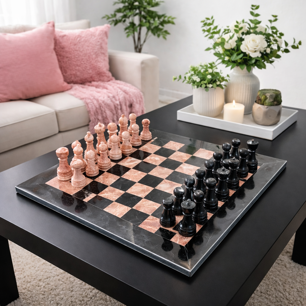 Chessboard with chess pieces on a coffee table in a living room settings