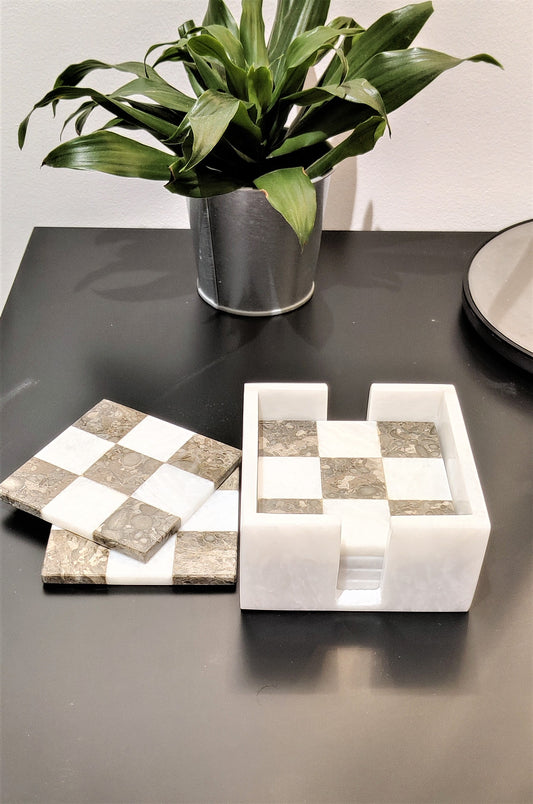 Marble Coasters, Set of 6 Marble Coasters in 2 Colors Check Design for Home Kitchen and Dining Table Décor, Home Décor Gift Item