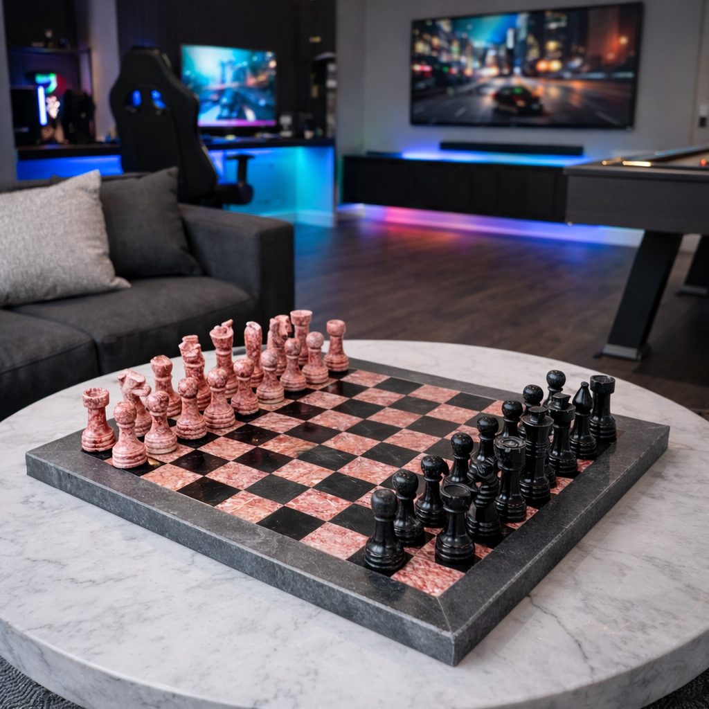 Handmade Black & Pink Marble Chess Set in 12x12 inches with Velvet Case