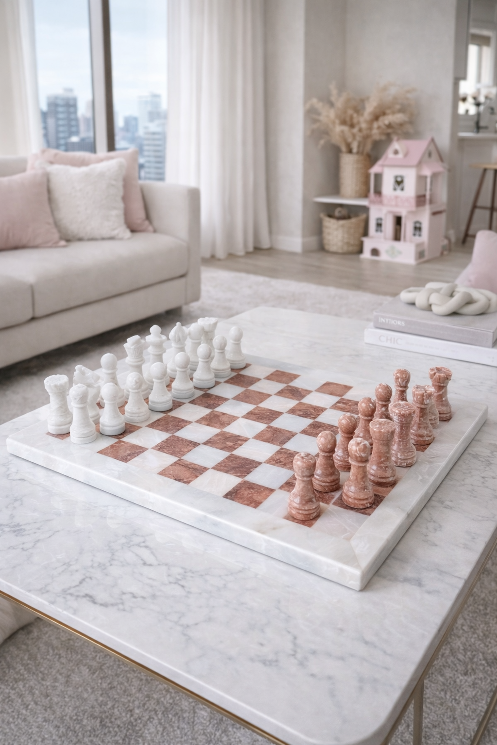 Handmade Marble Chess Set: Pink & White Stone 12x12 inches with Velvet Case