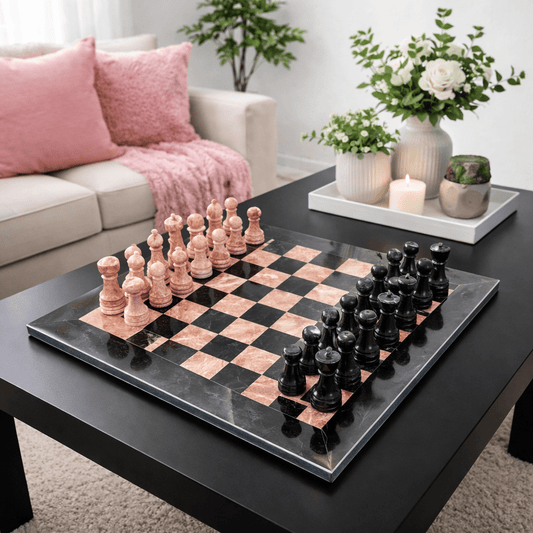 Handmade Black & Pink Marble Chess Set in 12x12 inches with Velvet Case - GOFIRE OUTLET