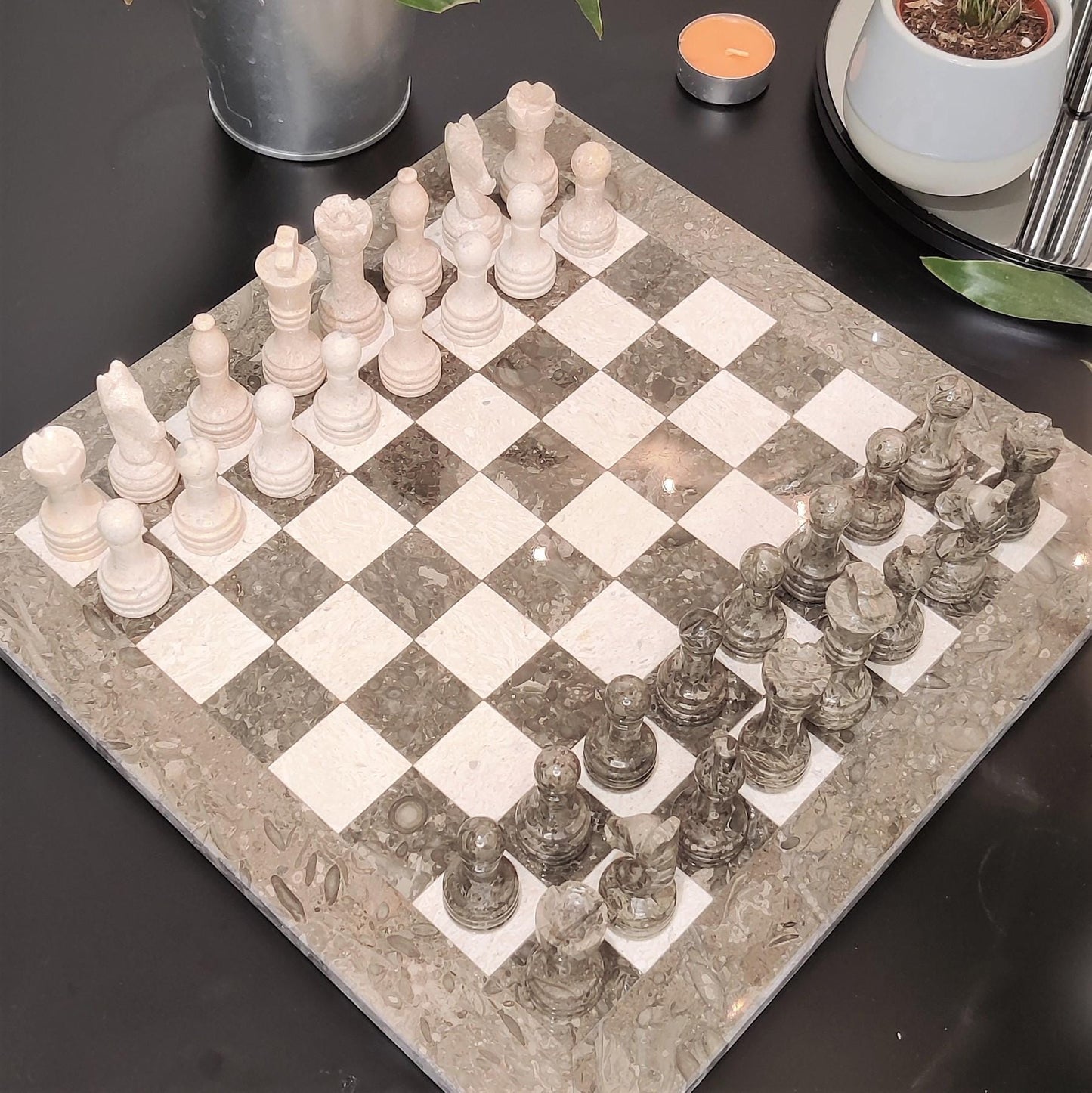Handmade Marble Chess Set: Grey and Beige Stone Board 12x12 inches & Pieces, Black Velvet Box - GOFIRE OUTLET