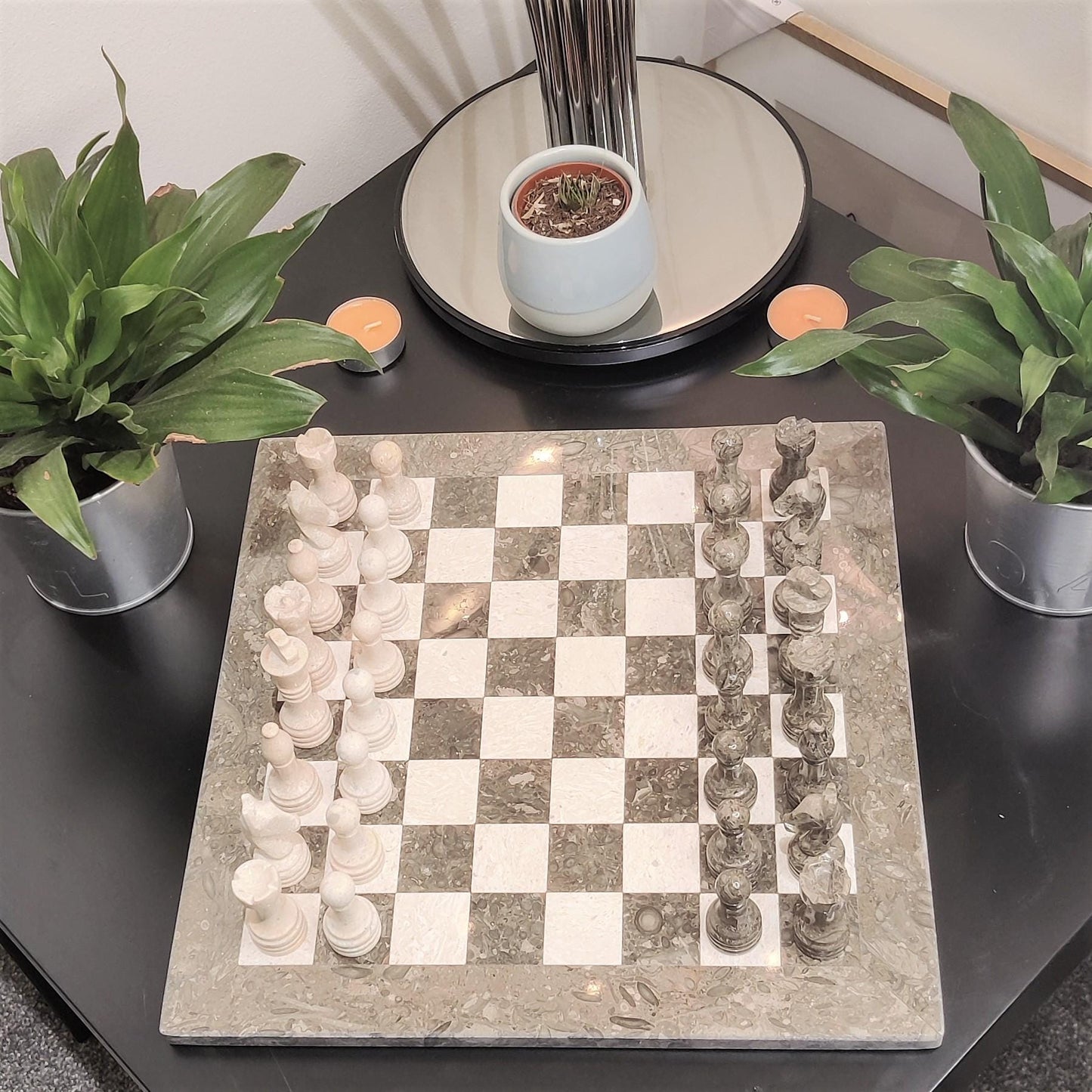 Handmade Marble Chess Set: Grey and Beige Stone Board 12x12 inches & Pieces, Black Velvet Box - GOFIRE OUTLET