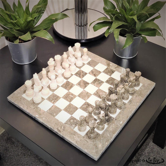 Handmade Marble Chess Set: Grey and Beige Stone Board 12x12 inches & Pieces, Black Velvet Box - GOFIRE OUTLET
