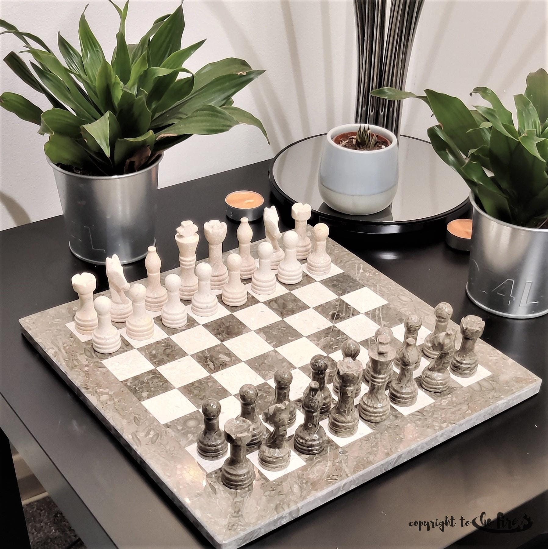 Handmade Marble Chess Set: Grey and Beige Stone Board 12x12 inches & Pieces, Black Velvet Box - GOFIRE OUTLET