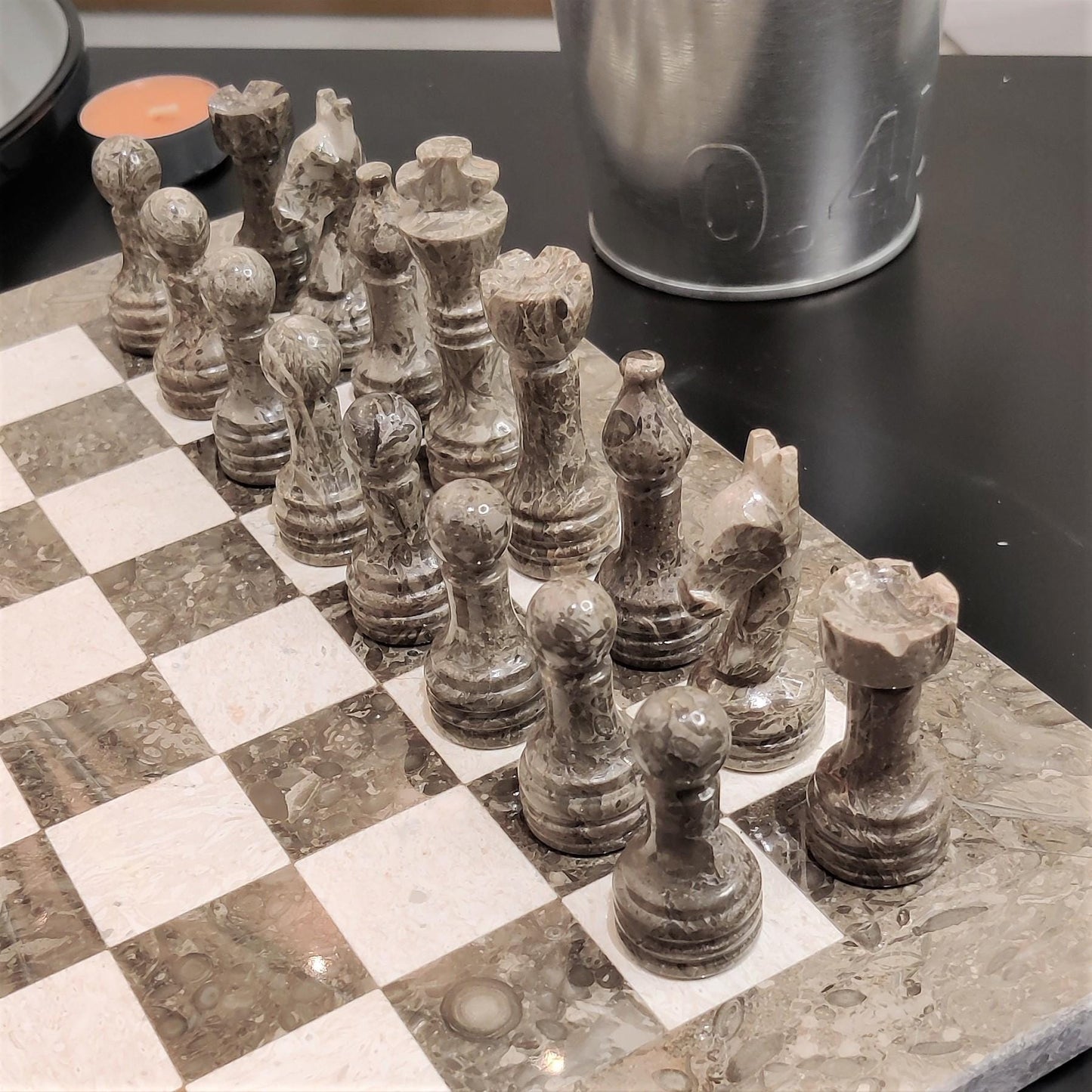 Handmade Marble Chess Set: Grey & Beige Stone, Velvet Box (12x12 inch) - GOFIRE OUTLET