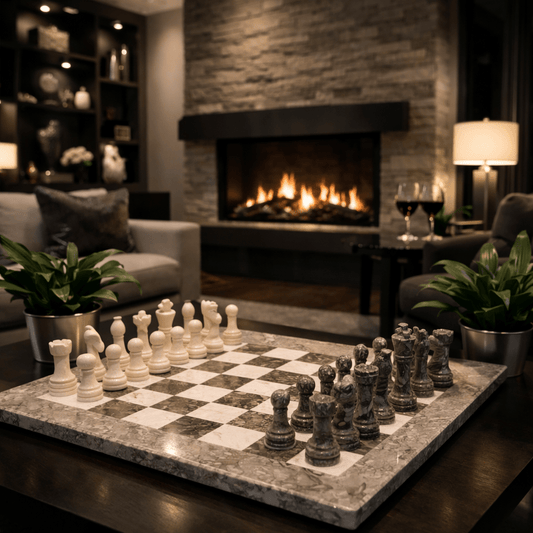 Handmade Marble Chess Set: Grey & Beige Stone, Velvet Box (12x12 inch) - GOFIRE OUTLET