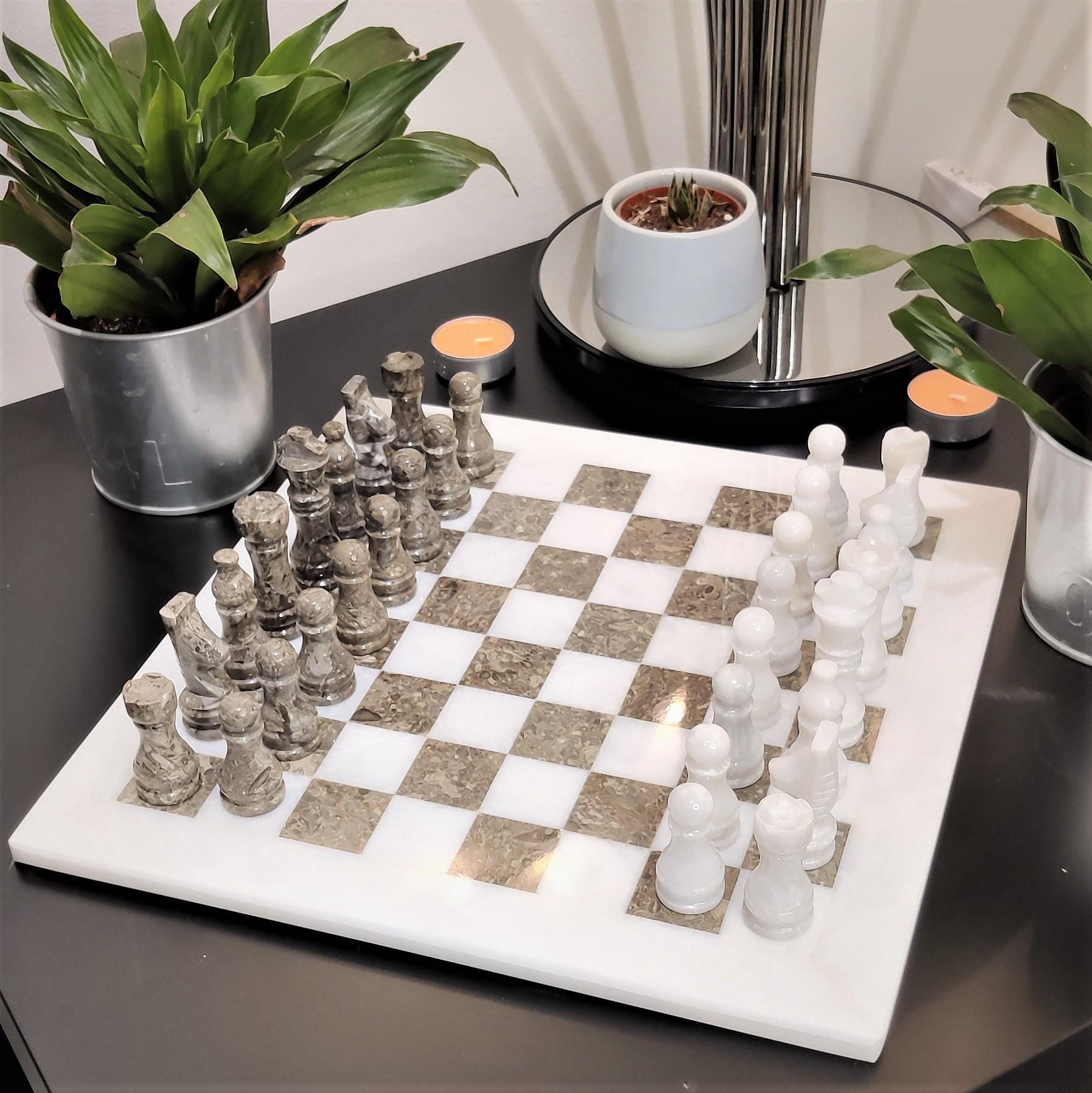 Handmade Marble Chess Set: White and Natural Grey 12x12 inches Chess Board with Black Velvet Case - GOFIRE OUTLET