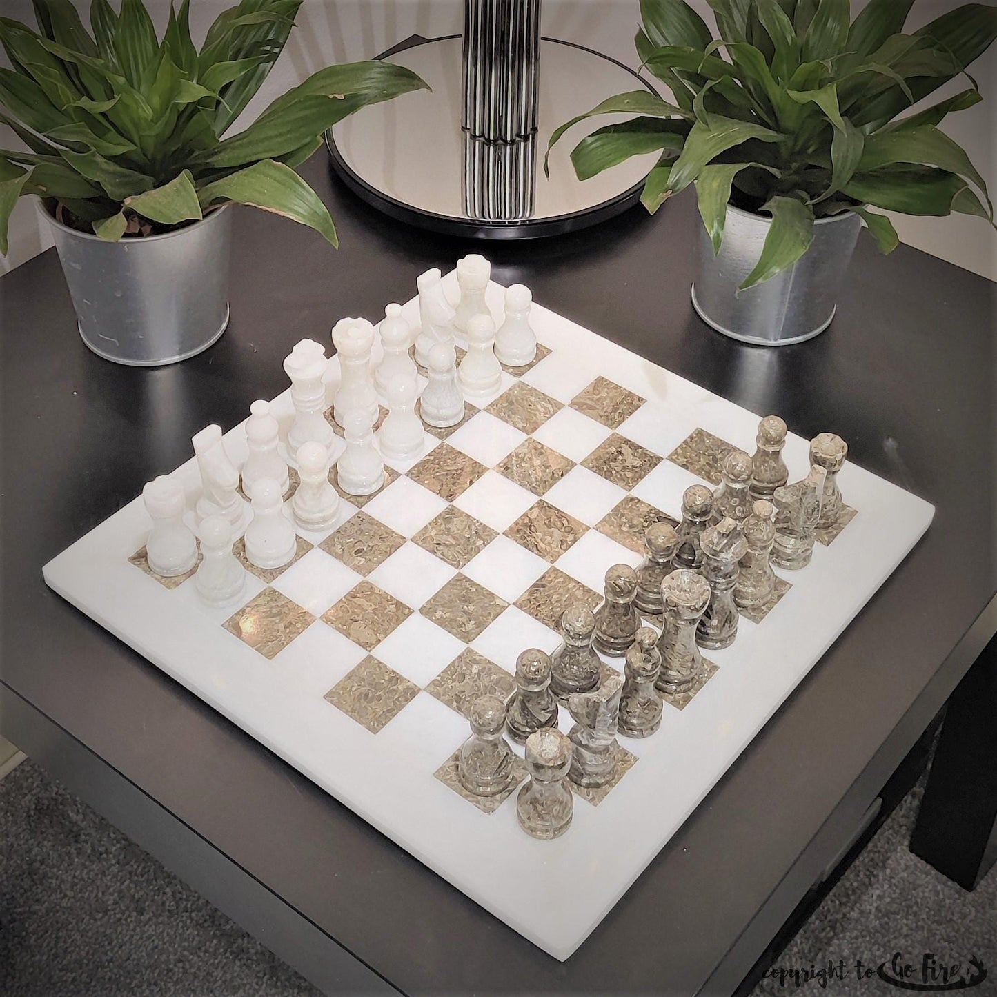 Handmade Marble Chess Set: White and Natural Grey 12x12 inches Chess Board with Black Velvet Case - GOFIRE OUTLET