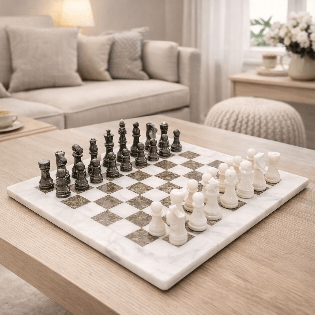 Handmade Marble Chess Set: White and Natural Grey 12x12 inches Chess Board with Black Velvet Case - GOFIRE OUTLET