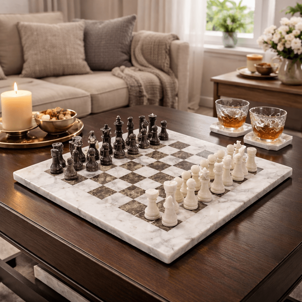 Handmade Marble Chess Set: White and Natural Grey 12x12 inches Chess Board with Black Velvet Case - GOFIRE OUTLET