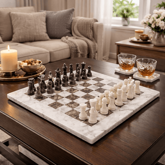 Handmade Marble Chess Set: White and Natural Grey 12x12 inches Chess Board with Black Velvet Case - GOFIRE OUTLET