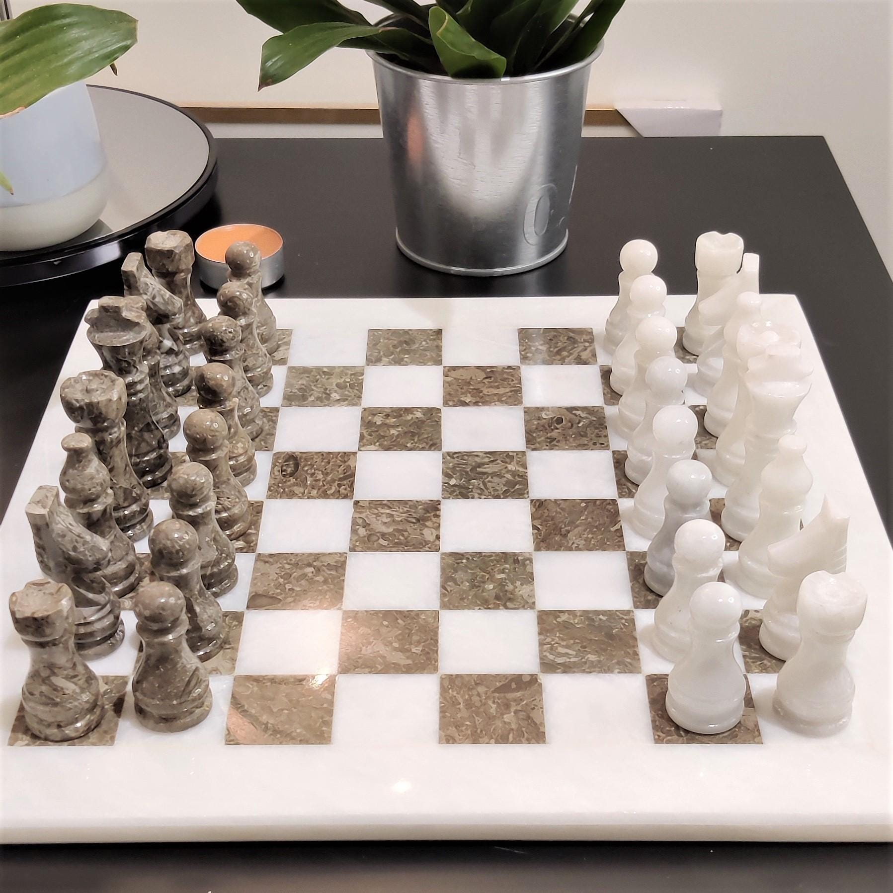 Handmade Marble Chess Set: White & Grey Natural Stone 12x12 inches with Black Velvet Case - GOFIRE OUTLET