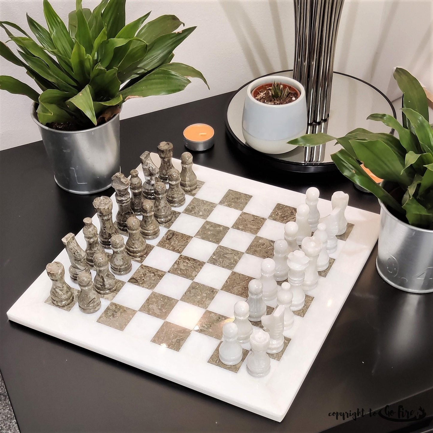 Handmade Marble Chess Set: White & Grey Natural Stone 12x12 inches with Black Velvet Case - GOFIRE OUTLET
