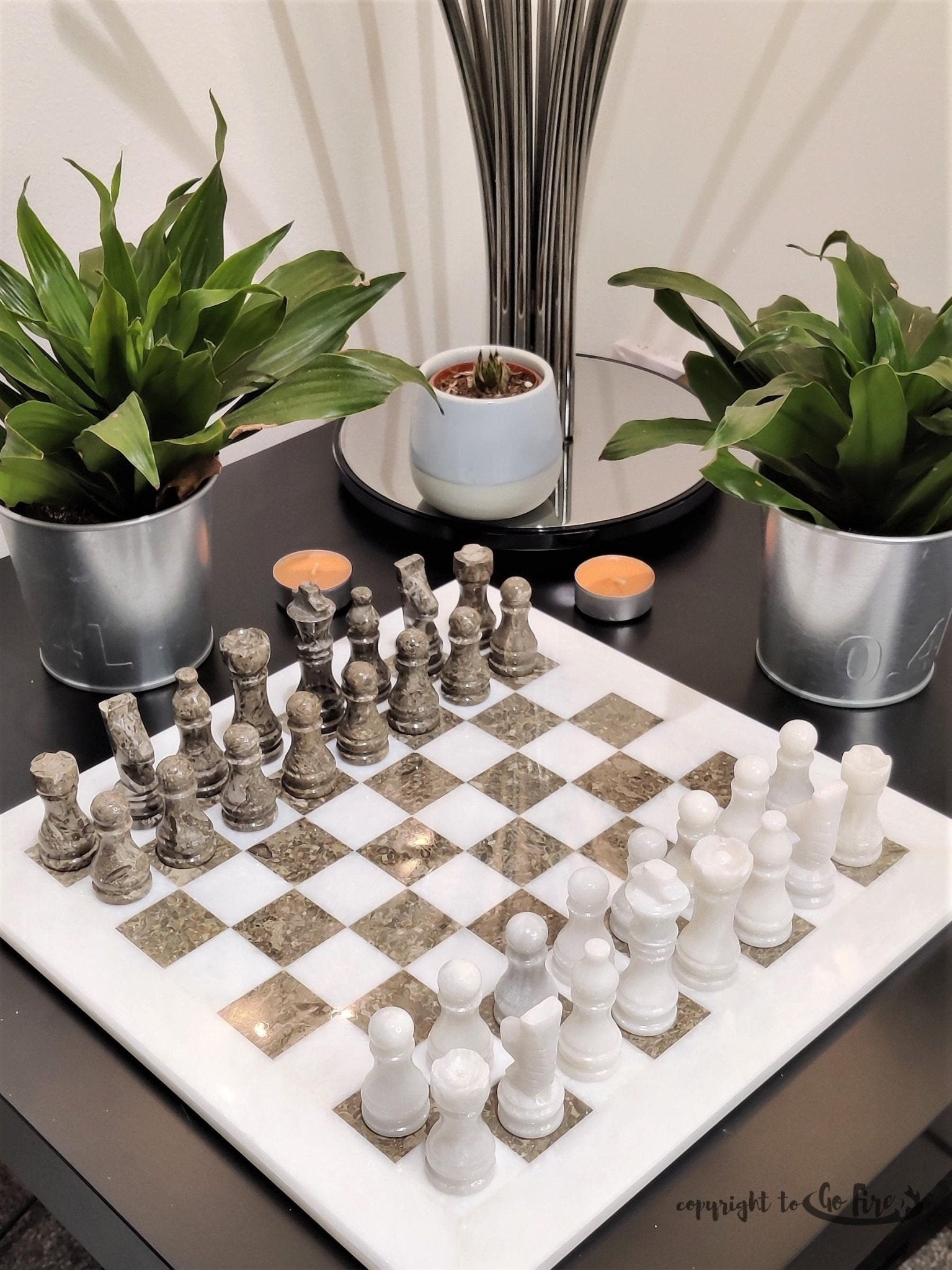 Handmade Marble Chess Set: White & Grey Natural Stone 12x12 inches with Black Velvet Case - GOFIRE OUTLET