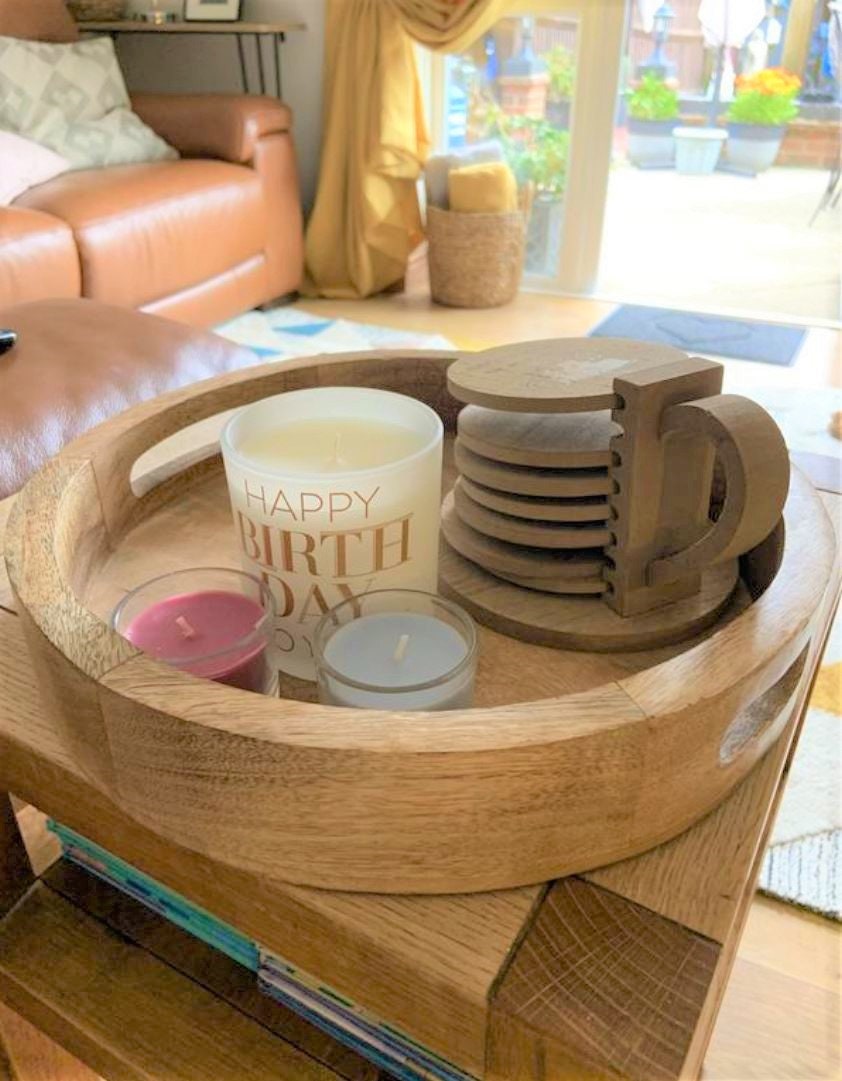 Mango Wood Crafted Round Tray with Natural Finish and Cutout Handles for Home Décor Display and Storage, Wooden tray for Home Decoration