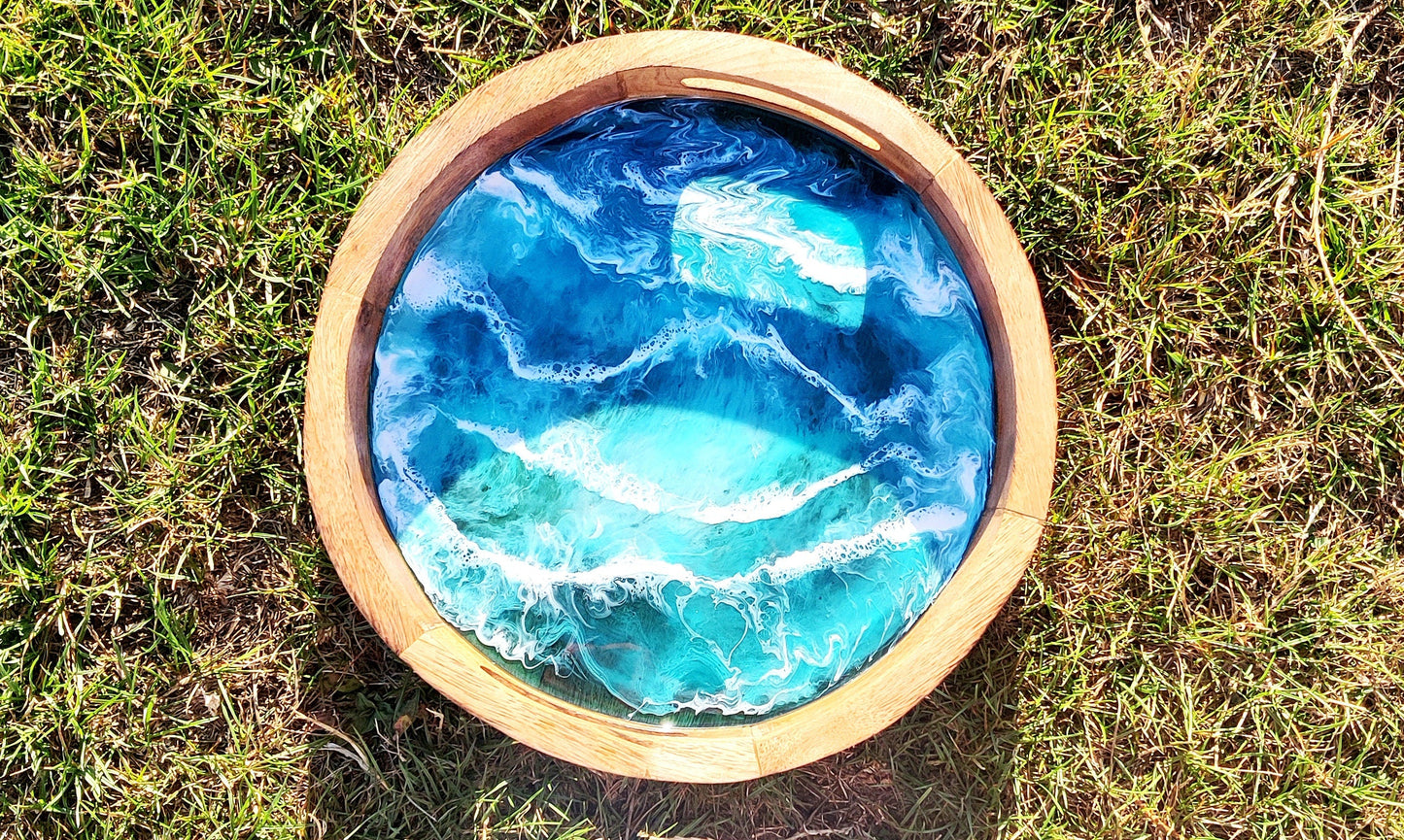 Ocean Art Resin Art Wooden Tray, Resin Ocean Art, Mango Wood Tray, Acacia Wood Tray For Gifts and Home Décor and Decoration GOFIRE OUTLET