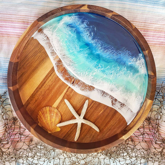 Coastal Ocean Art Resin Art Wooden Tray, Resin Ocean Art, Mango Wood Tray, Acacia Wood Tray For Gifts and Home Décor and Decoration