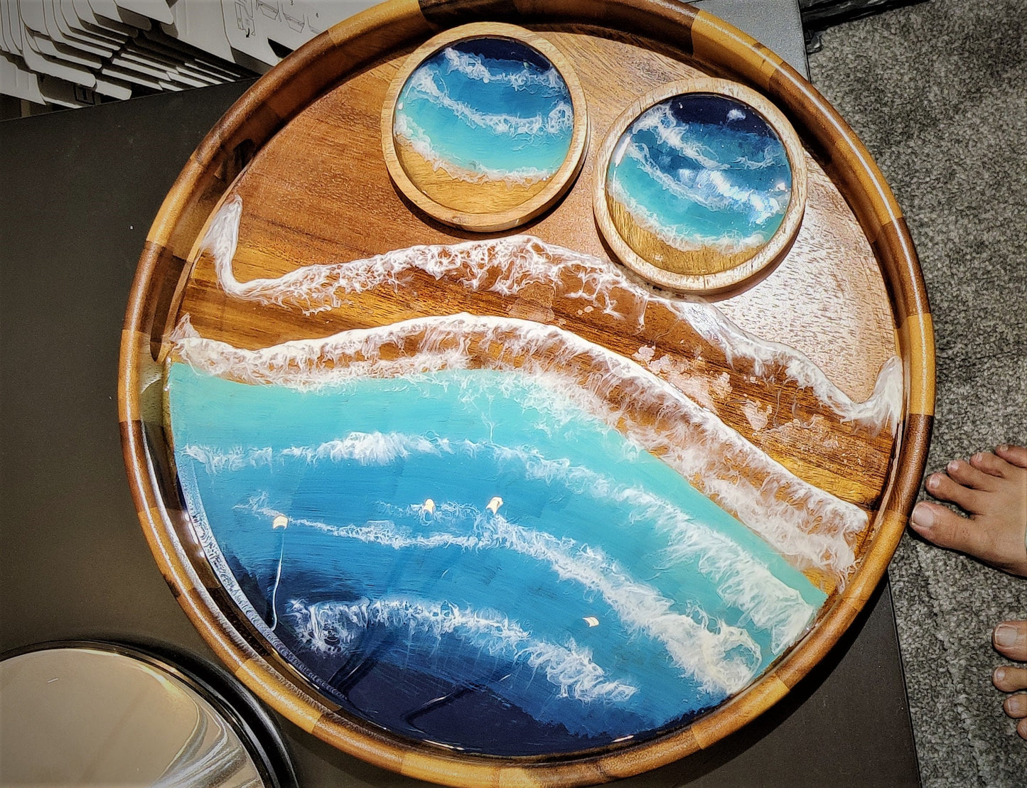 Coastal Ocean Art Resin Art Wooden Tray, Resin Ocean Art, Mango Wood Tray, Acacia Wood Tray For Gifts and Home Décor and Decoration