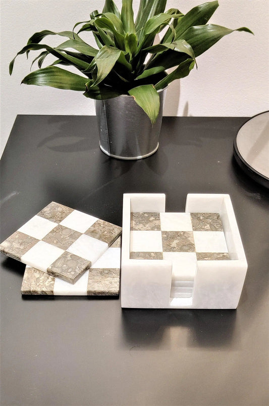 Marble Coasters, Set of 6 Marble Coasters in 2 Colors Check Design for Home Kitchen and Dining Table Décor, Home Décor Gift Item My Store