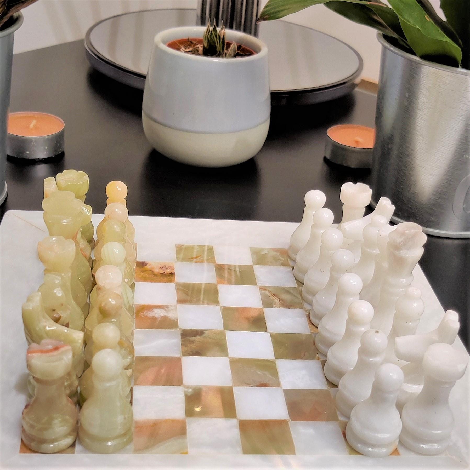 Marble Chess | Marble Chess Set | Chess in Onyx & White | Handmade |  Chess Gift | Home Decor | Onyx n White | Chess Board | Board Game GOFIRE OUTLET