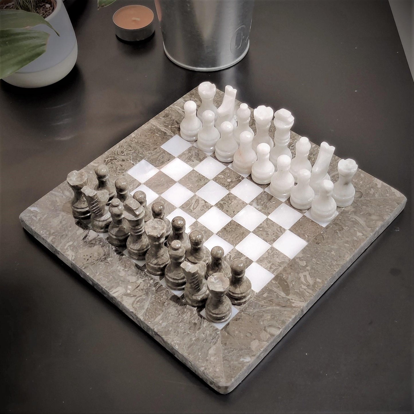 Chess Set | 8x8 inch Grey & White | Handmade Chess Set | Marble Chess Set | Bestselling Chess | Home Décor, Gift for dad, Coffee table Décor