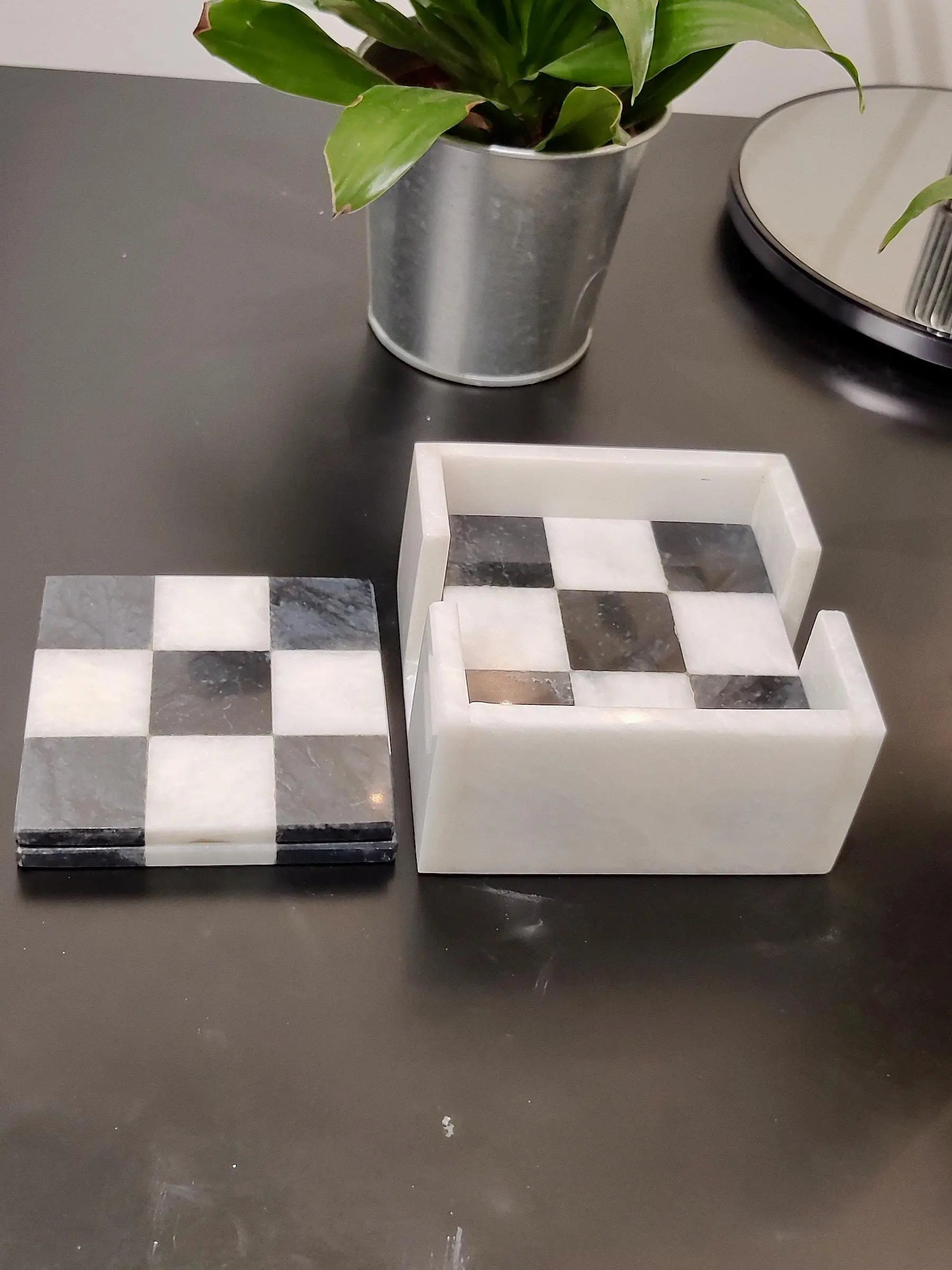 Marble Coasters | Set of 6 Marble Coasters in 2 Colours Black & White | Check Design | Home Kitchen and Dining Table Decor | Home Decor GOFIRE OUTLET