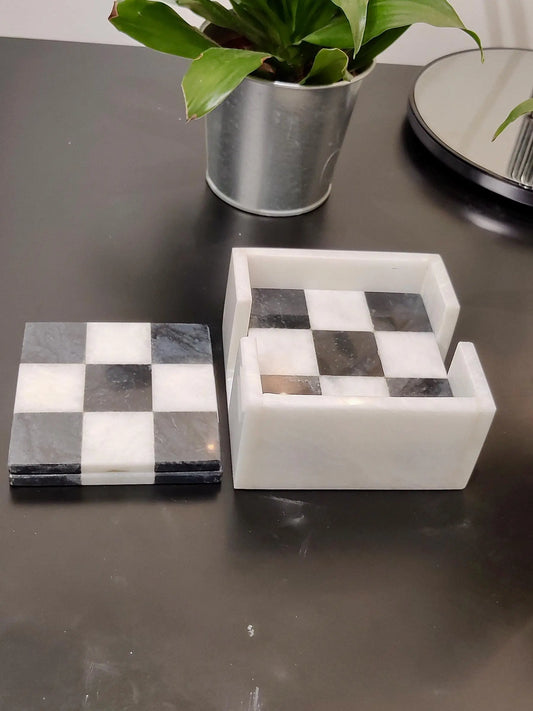 Marble Coasters | Set of 6 Marble Coasters in 2 Colours Black & White | Check Design | Home Kitchen and Dining Table Decor | Home Decor GOFIRE OUTLET