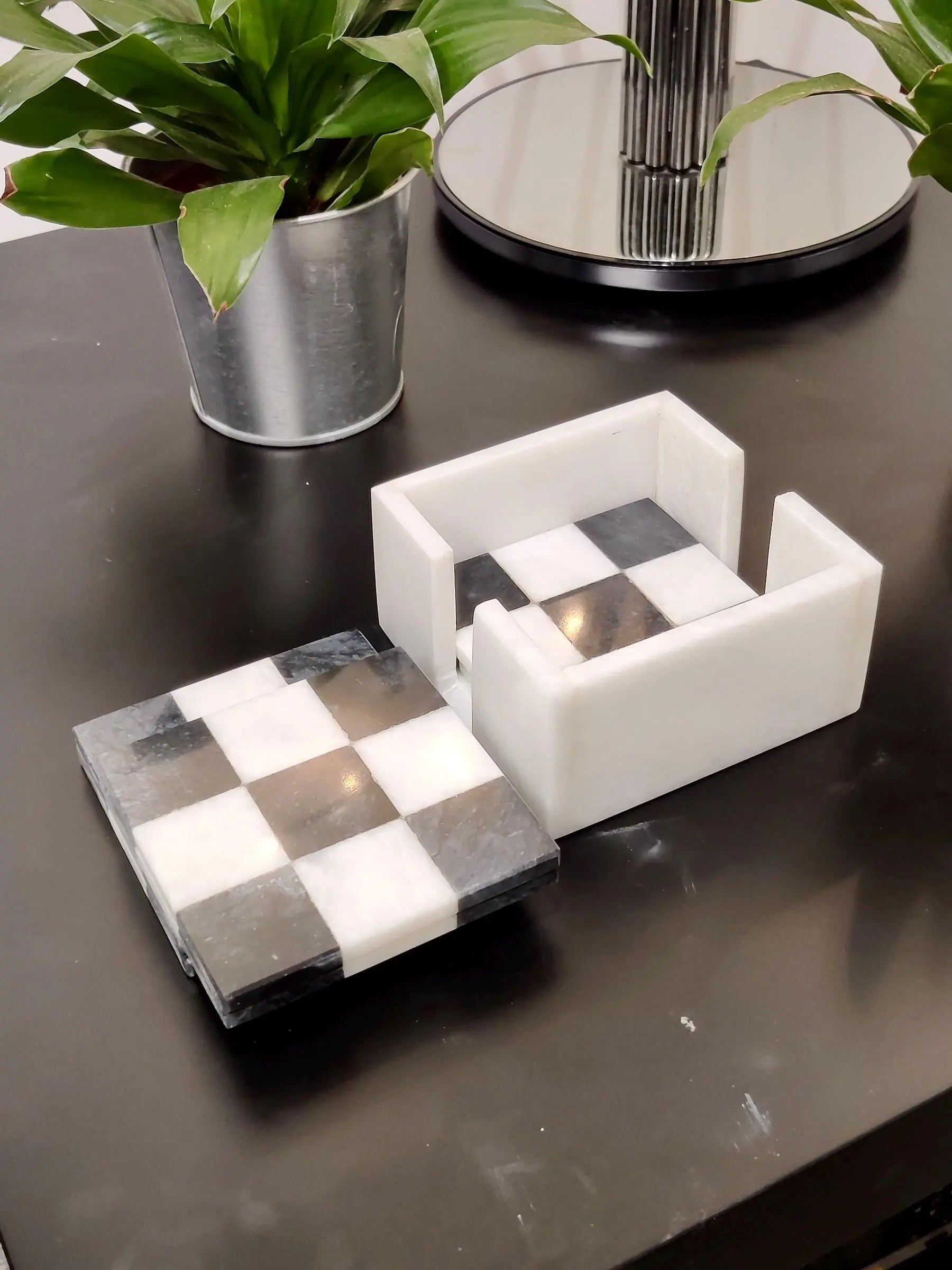 Marble Coasters | Set of 6 Marble Coasters in 2 Colours Black & White | Check Design | Home Kitchen and Dining Table Decor | Home Decor GOFIRE OUTLET