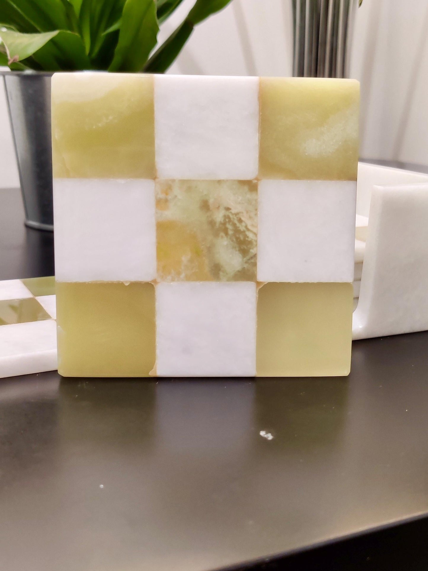 Marble Coasters | Set of 6 Marble Coasters in 2 Colours Onyx Green & White | Check Design | Home Kitchen and Dining Table Decor | Home Decor GOFIRE OUTLET