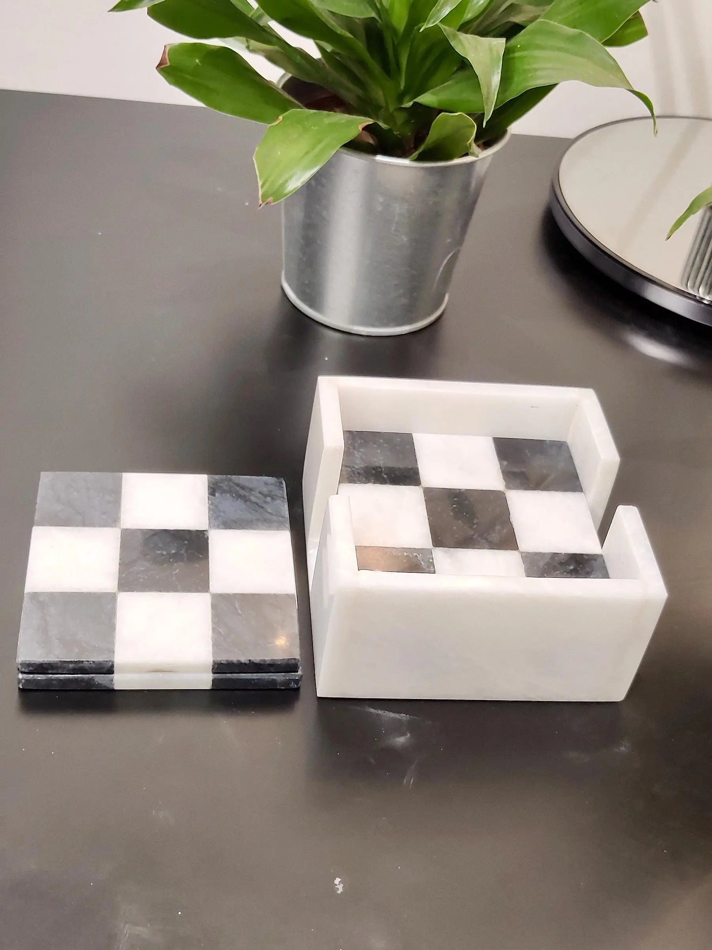 Marble Coasters | Set of 6 Marble Coasters in 2 Colours Black & White | Check Design | Home Kitchen and Dining Table Decor | Home Decor GOFIRE OUTLET