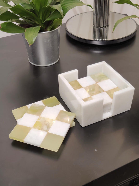 Marble Coasters | Set of 6 Marble Coasters in 2 Colours Onyx Green & White | Check Design | Home Kitchen and Dining Table Decor | Home Decor GOFIRE OUTLET