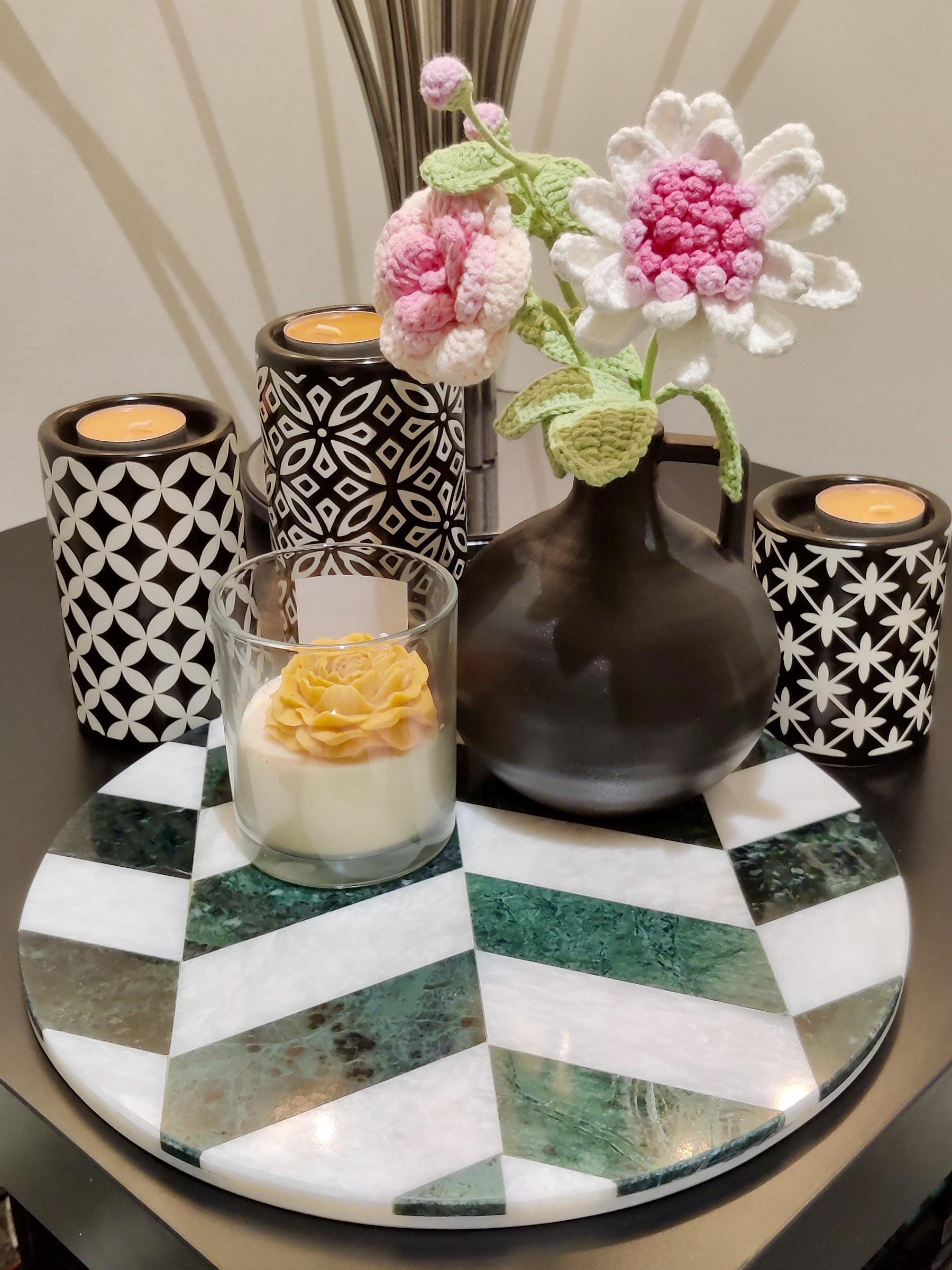 Marble Round Tray | Natural Finish Marble | Mosaic Design Tray | Home Décor | Decorative Tray | Bathroom or Kitchen | White & Verde Green GOFIRE OUTLET