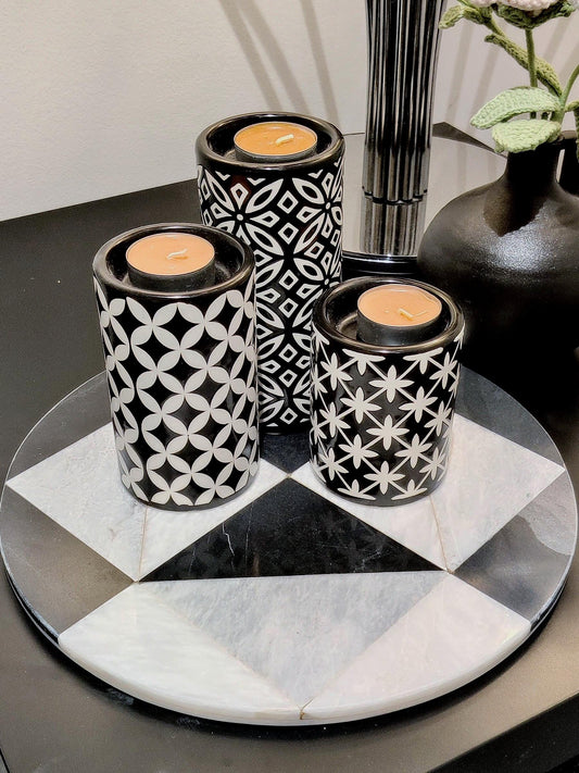 Marble Round Tray | Natural Finish Marble | Mosaic Design Tray | Home Décor | Decorative Tray | Bathroom or Kitchen | White, Grey & Black GOFIRE OUTLET