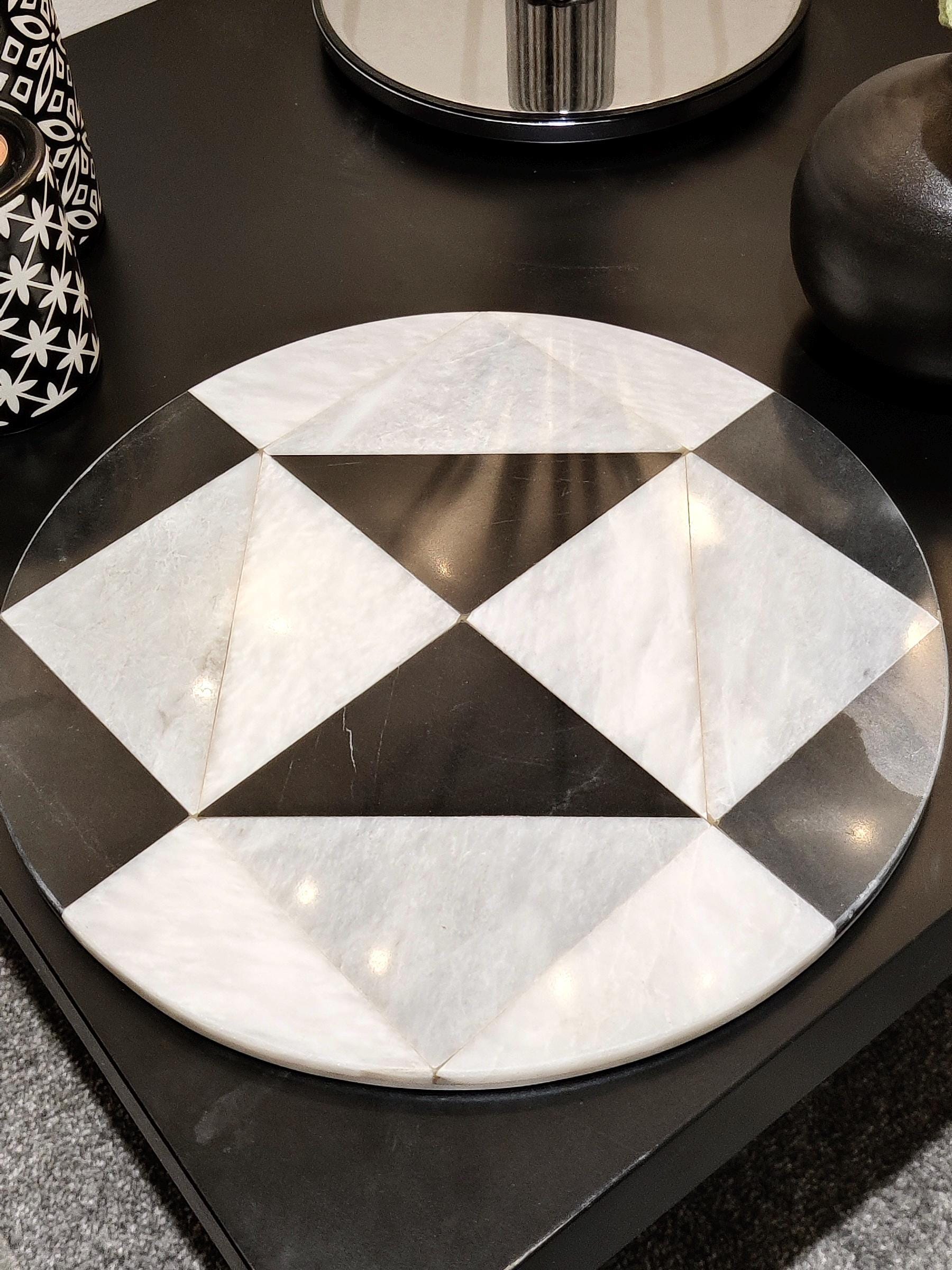 Marble Round Tray | Natural Finish Marble | Mosaic Design Tray | Home Décor | Decorative Tray | Bathroom or Kitchen | White, Grey & Black GOFIRE OUTLET