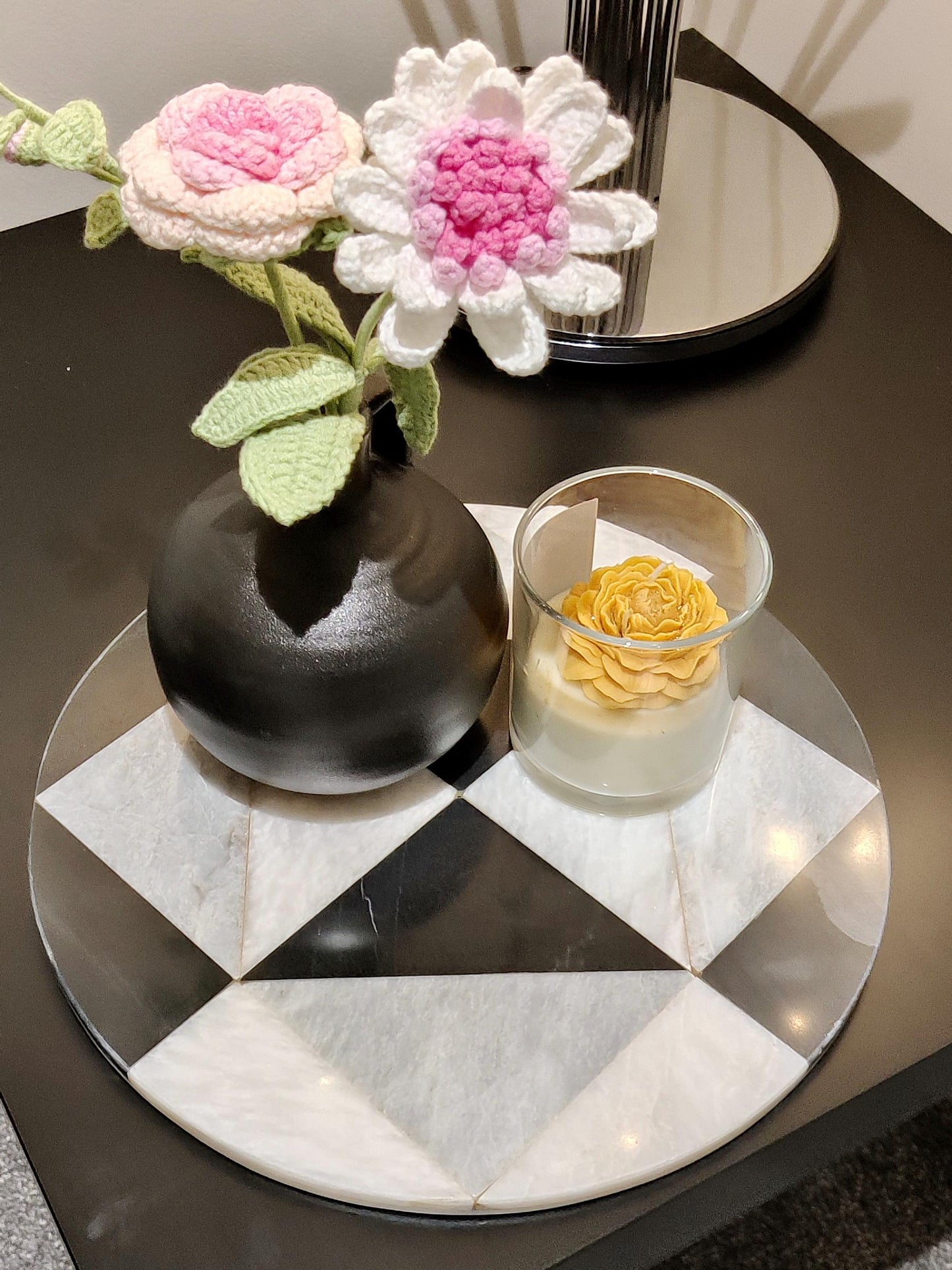 Marble Round Tray | Natural Finish Marble | Mosaic Design Tray | Home Décor | Decorative Tray | Bathroom or Kitchen | White, Grey & Black GOFIRE OUTLET
