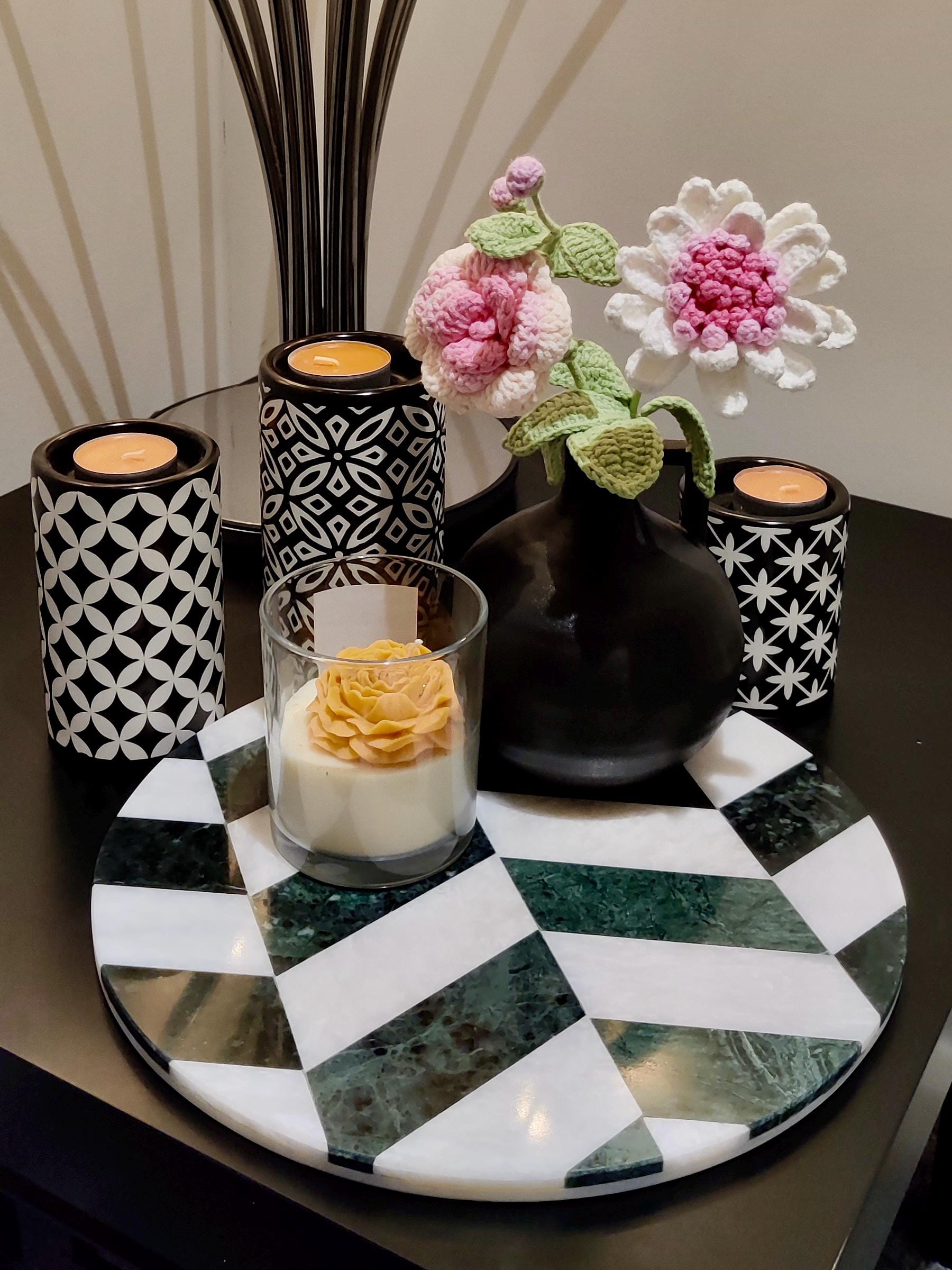 Marble Round Tray | Natural Finish Marble | Mosaic Design Tray | Home Décor | Decorative Tray | Bathroom or Kitchen | White & Verde Green GOFIRE OUTLET