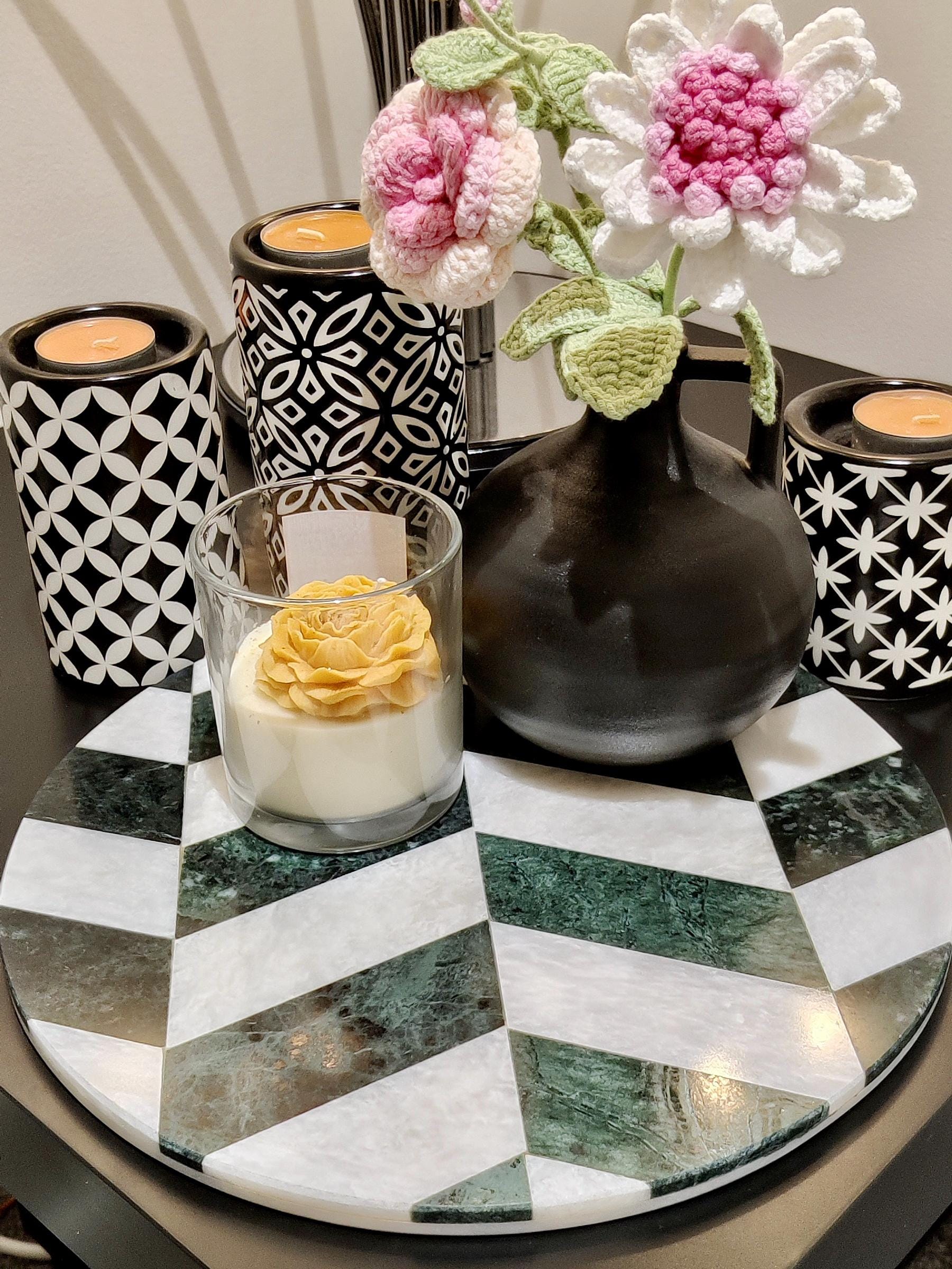 Marble Round Tray | Natural Finish Marble | Mosaic Design Tray | Home Décor | Decorative Tray | Bathroom or Kitchen | White & Verde Green GOFIRE OUTLET