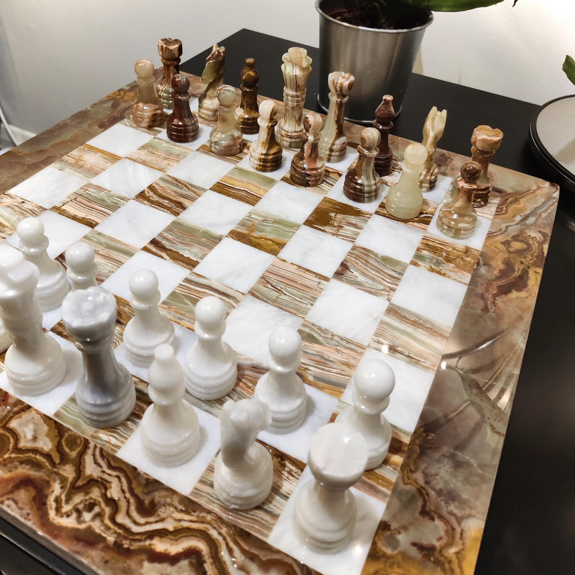 Chess | Marble Chess | Marble Chess Set | 15 x 15 inch Chess Set | Gifts for Him | Christmas Gifts | Onyx & White Marble | Home Decor GOFIRE OUTLET