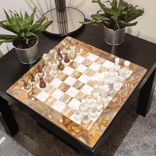 Chess | Marble Chess | Marble Chess Set | 15 x 15 inch Chess Set | Gifts for Him | Christmas Gifts | Onyx & White Marble | Home Decor GOFIRE OUTLET