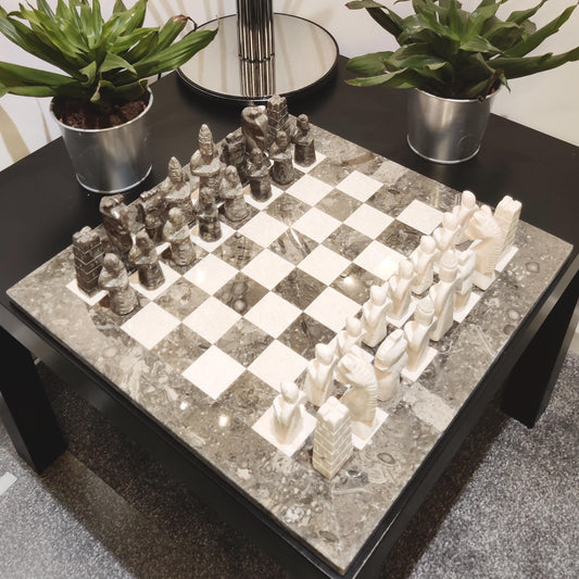 Chess | Marble Chess | Marble Chess Set | 15 x 15 inch Chess Set | Gifts for Him | Christmas Gifts | Grey & Stone Marble | Home Decor GOFIRE OUTLET
