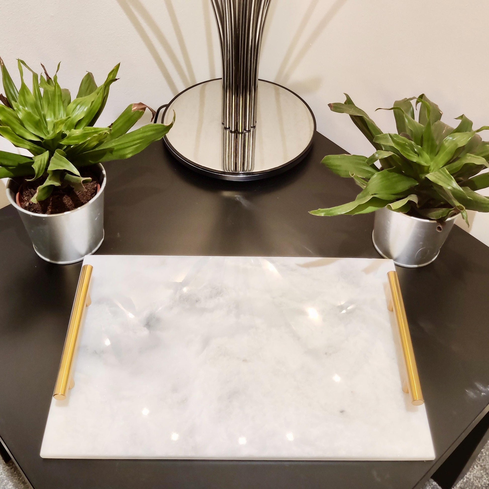 Marble Tray | Natural Finish Marble | White Tray | Home Décor | Decorative Tray | Bathroom or Kitchen | White Marble Tray with Gold Handles GOFIRE OUTLET