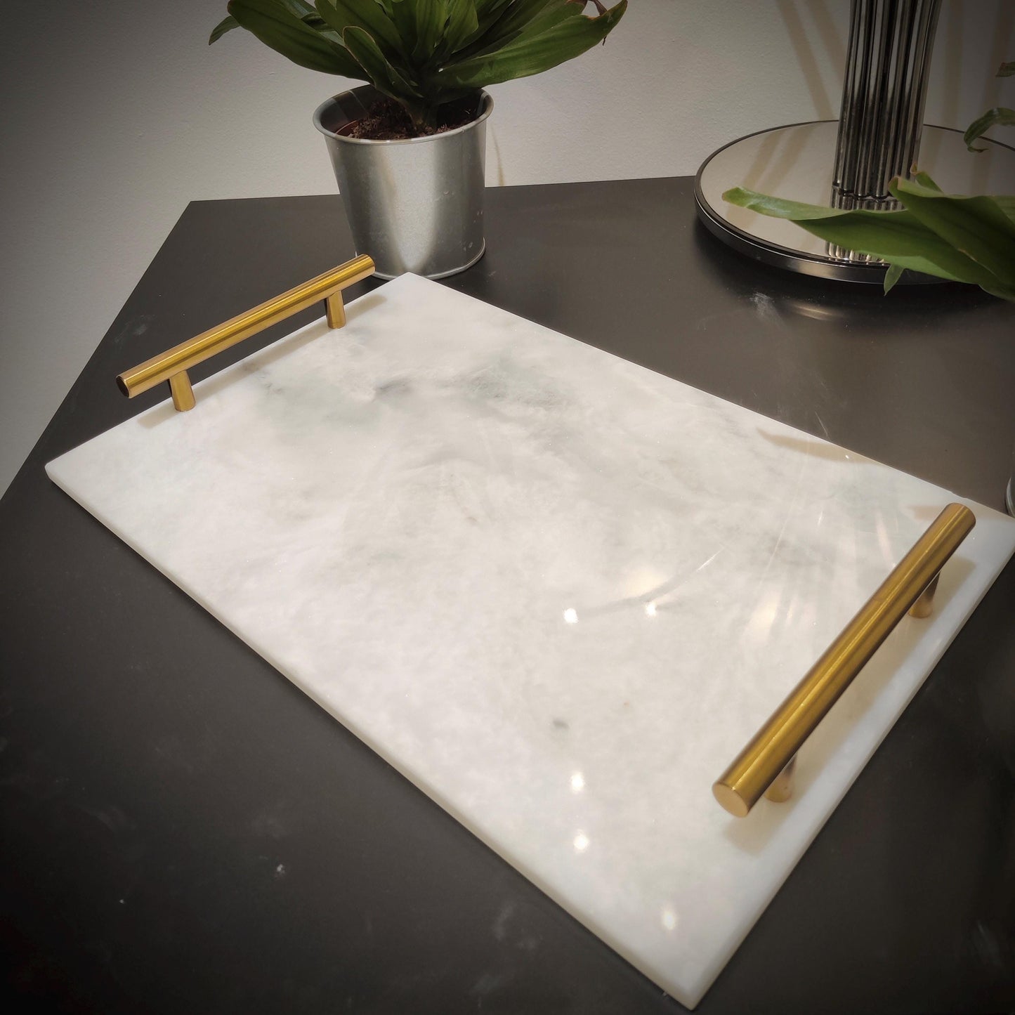 Marble Tray | Natural Finish Marble | White Tray | Home Décor | Decorative Tray | Bathroom or Kitchen | White Marble Tray with Gold Handles GOFIRE OUTLET