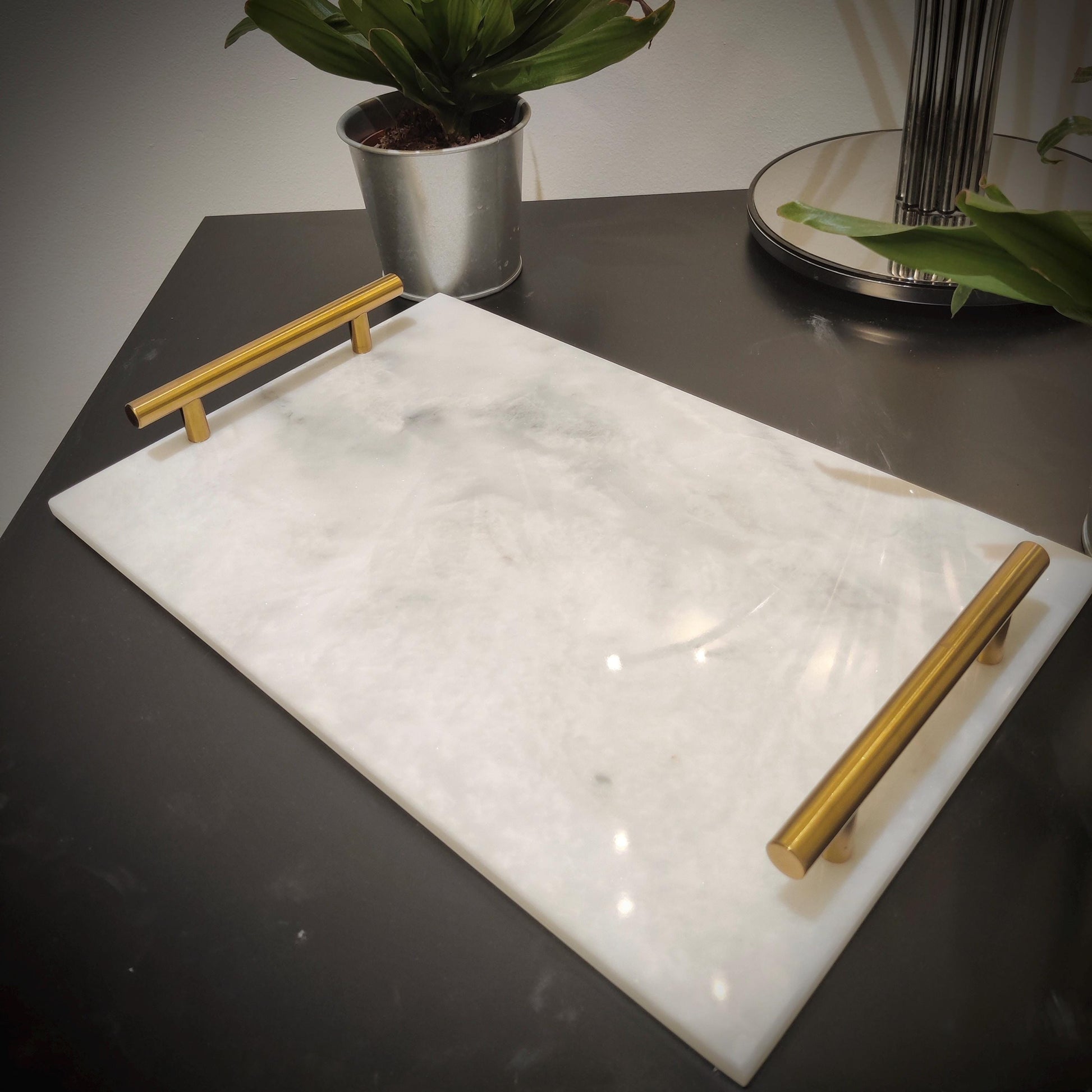Marble Tray | Natural Finish Marble | White Tray | Home Décor | Decorative Tray | Bathroom or Kitchen | White Marble Tray with Gold Handles GOFIRE OUTLET