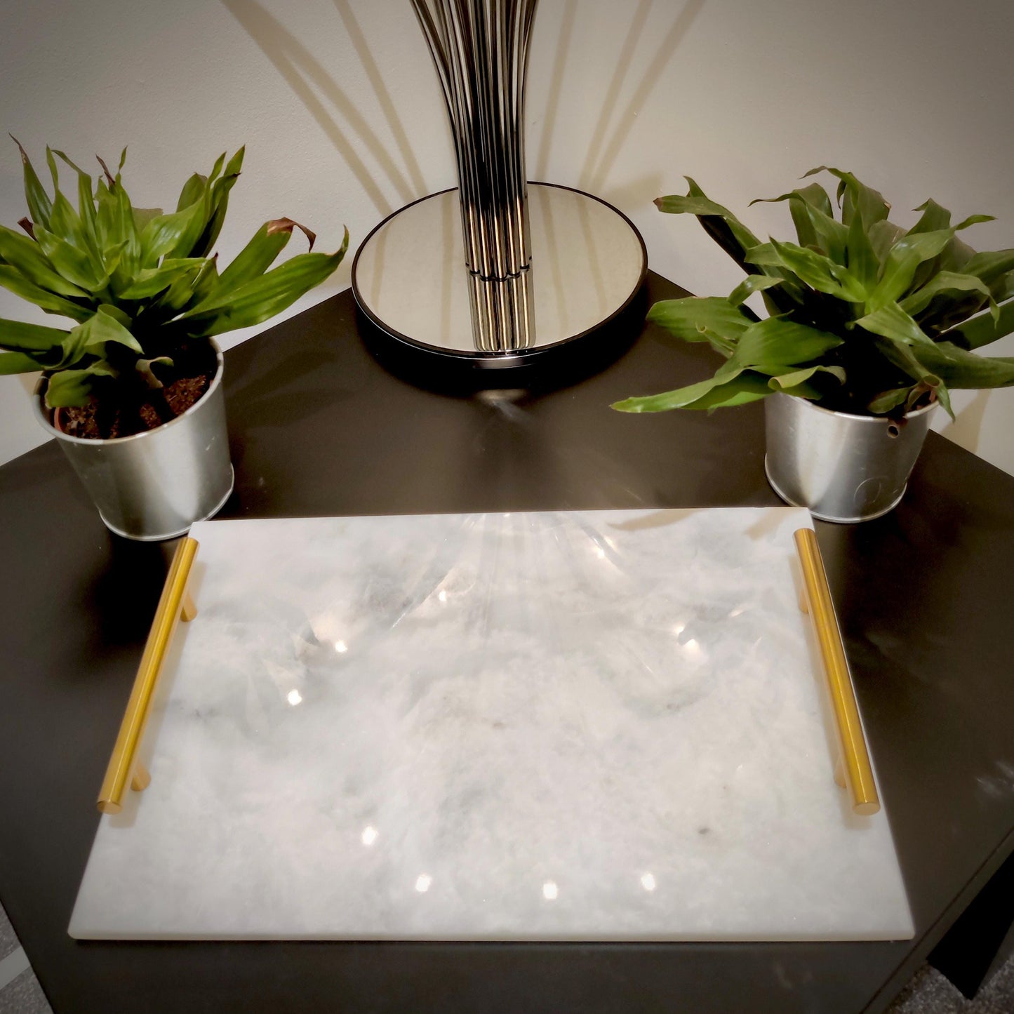Marble Tray | Natural Finish Marble | White Tray | Home Décor | Decorative Tray | Bathroom or Kitchen | White Marble Tray with Gold Handles GOFIRE OUTLET