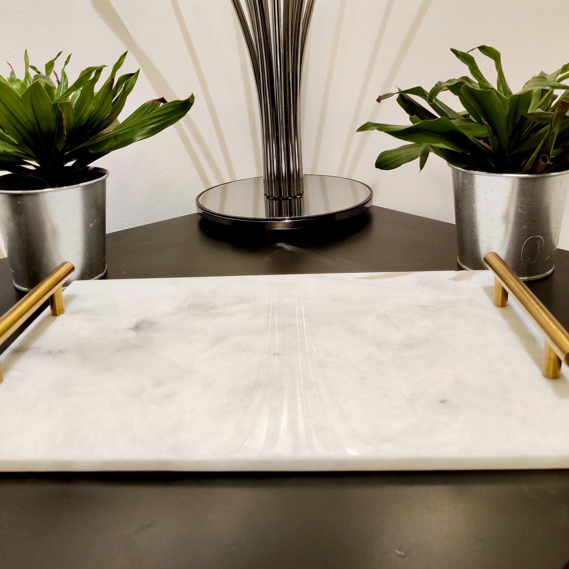 Marble Tray | Natural Finish Marble | White Tray | Home Décor | Decorative Tray | Bathroom or Kitchen | White Marble Tray with Gold Handles GOFIRE OUTLET